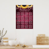 Burgunder-Sonnenblumen-Hochzeitstischplan 16 Poste Poster (Küche)