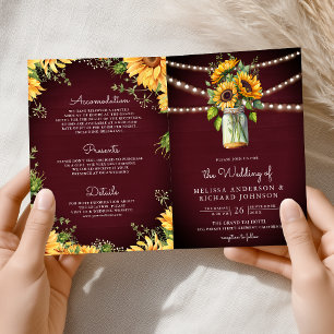 Burgunder-Sonnenblumen-Mason-Glas-QR-Code-Hochzeit Einladung