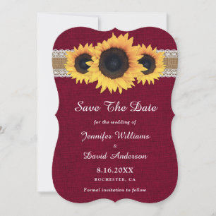 Burgunder-Sonnenblumen-Rustikale-Jute-Hochzeit Save The Date