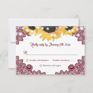 Burgunder-Sonnenblumen-Spitze-Jute-Herzen-Hochzeit RSVP Karte