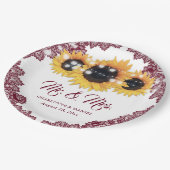 Burgunder-Sonnenblumen-Spitzen-Hochzeit Pappteller (Schrägansicht)