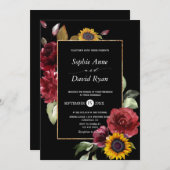 Burgunder Sonnenblumenfall Goldhochzeit Einladung (Vorne/Hinten)