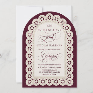 Burgunder Spitze Monogramm Old Money Hochzeit Einladung