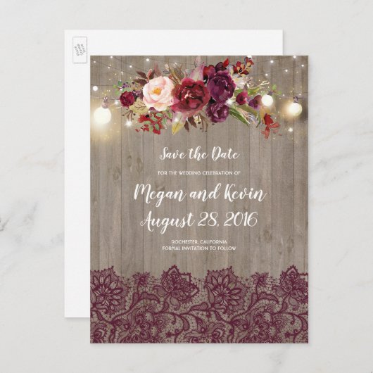 Burgunder Spitze und Blume Rustikal Save the Date Ankündigungspostkarte (Vorne/Hinten)