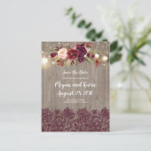 Burgunder Spitze und Blume Rustikal Save the Date Ankündigungspostkarte (Stehend Vorderseite)