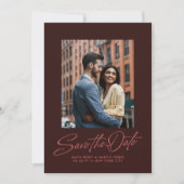 Burgunder stilvolle Schrift zwei Foto Hochzeit Save The Date (Vorderseite)