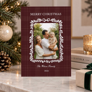 Burgunder-Tartan-Botanik-Weihnachtsfamilienfoto Folien Feiertagskarte