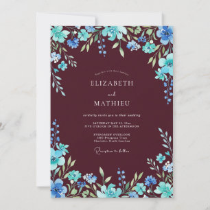 Burgunder Teal Blumen Hochzeit Einladung