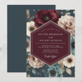 Burgunder Teal Blütenhochzeit Einladung (Vorne/Hinten)