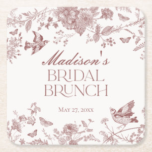 Burgunder Toile Jouy Vintage Florales Braut-Brunch Rechteckiger Pappuntersetzer