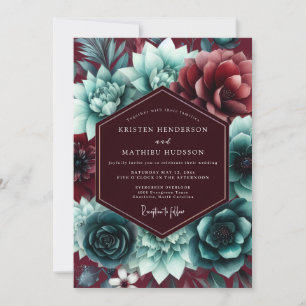 Burgunder Türkis Florale Romanze Hochzeit Einladung