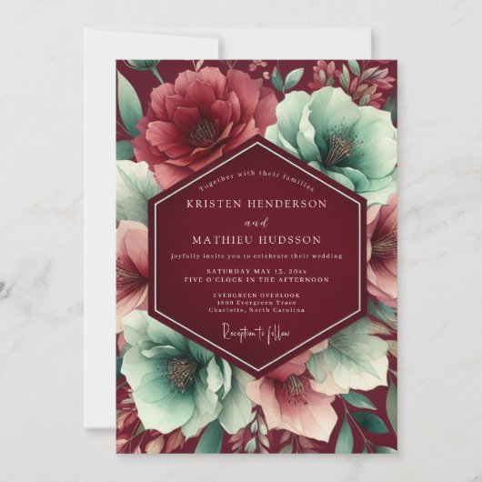 Burgunder Üppige Botanische Hochzeit Einladung (Vorderseite)