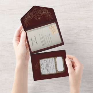 Burgunder Vergoldete Rosen Buch Hochzeitseinladung All In One Einladung