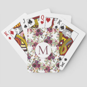 Burgunder-Wasserfarben-Blumen-Monogramm-Initiale Spielkarten
