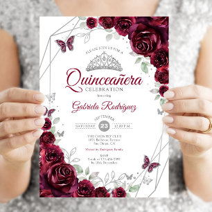 Burgunder-Wasserfarben-Blumen-Quinceanera Einladung