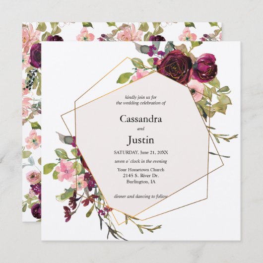 Burgunder Wasserfarben Blush und Gold Floral Einladung (Vorne/Hinten)