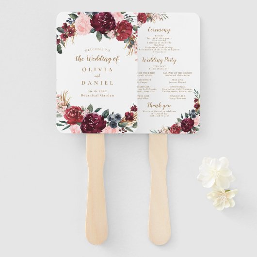 Burgunder Wasserfarbenflora Hochzeitsprogramm Fächer (Vorne und Hinten)