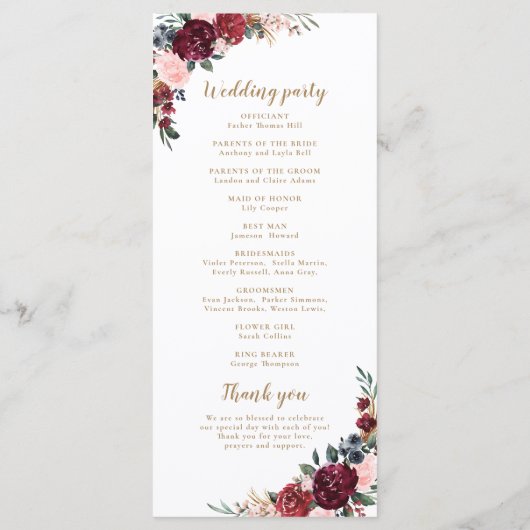 Burgunder Wasserfarbenflora Hochzeitsprogramm Menükarte (Rückseite)