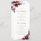 Burgunder Wasserfarbenflora Hochzeitsprogramm Menükarte (Vorne/Hinten)