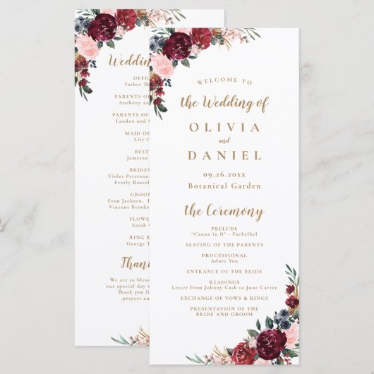 Burgunder Wasserfarbenflora Hochzeitsprogramm Menükarte (Vorne/Hinten)