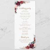 Burgunder Wasserfarbenflora Hochzeitsprogramm Menükarte (Rückseite)