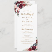 Burgunder Wasserfarbenflora Hochzeitsprogramm Menükarte (Vorne/Hinten)