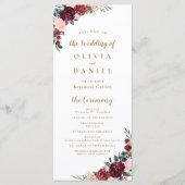 Burgunder Wasserfarbenflora Hochzeitsprogramm Menükarte (Vorderseite)