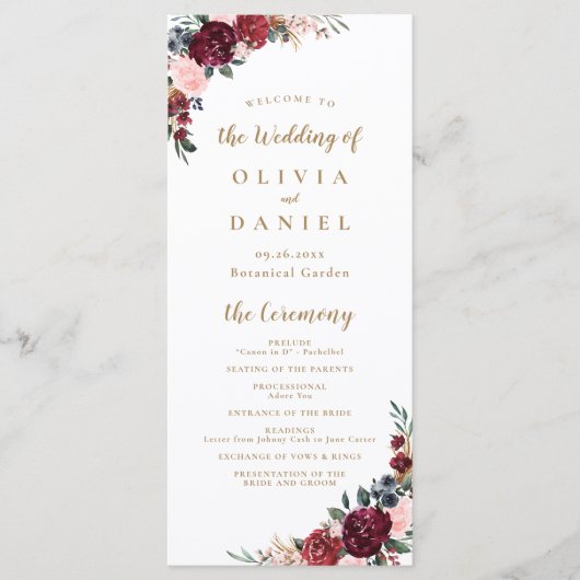 Burgunder Wasserfarbenflora Hochzeitsprogramm Menükarte (Vorderseite)