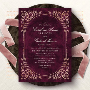 Burgunder Wein Art Deco Hochzeit Folieneinladung