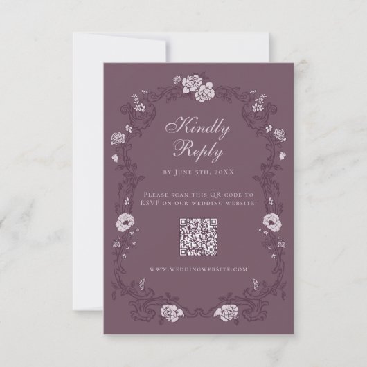 Burgunder-Wein-Jahrgangs-Blumen-QR-Code RSVP Karte (Vorderseite)