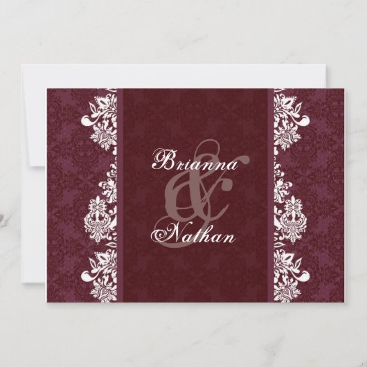 Burgunder Wein & White Damask Einladung Hochzeit (Vorderseite)