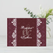 Burgunder Wein & White Damask Einladung Hochzeit (Stehend Vorderseite)