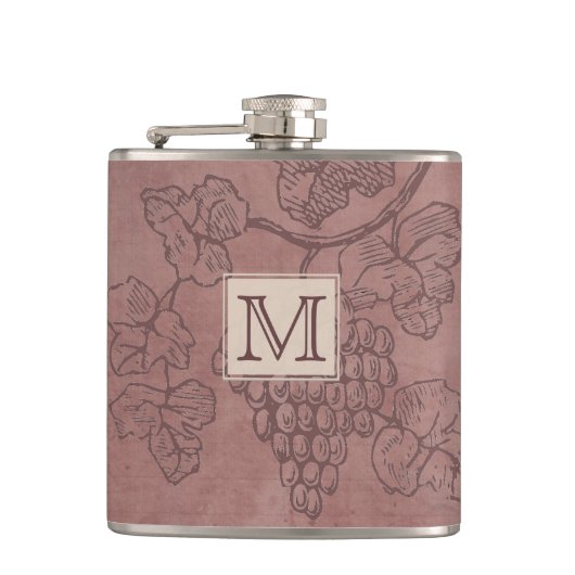 Burgunder-Weinreben-Monogramm Flachmann (Vorderseite)