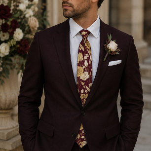 Burgunder-Weinrote Vintage-Gold-Blumenmuster Krawatte