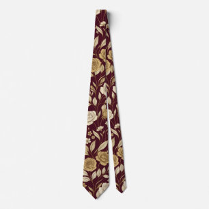 Burgunder-Weinrote Vintage-Gold-Blumenmuster Krawatte