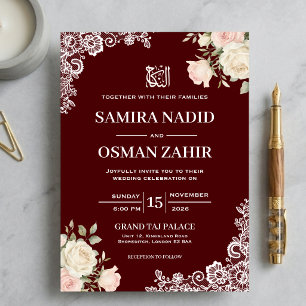 Burgunder Weiße Florale Spitze Nikkah Muslim Hochz Einladung