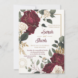 Burgunder Weiße Rose Floral Gold Elegante Hochzeit Einladung