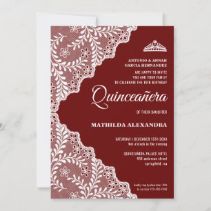 Burgunder Weiße Spitze Tiara Quinceanera XV Einladung