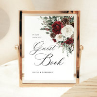 Burgunder Winter Hochzeitsgästebuch-Tisch mit Blum