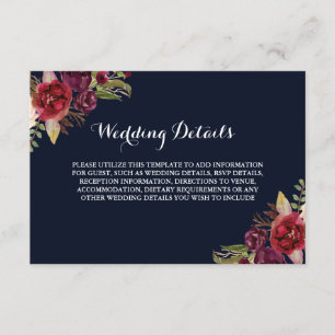 Burgunderblaue Florale Hochzeitsempfangsdetails Begleitkarte