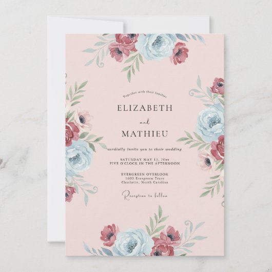 Burgunderblaue Hochzeit bemalt Einladung (Vorderseite)