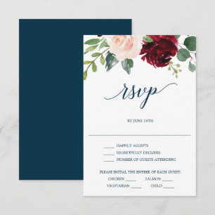 Burgunderblaue Hochzeit-RSVP-Karte Einladung