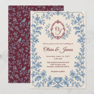 Burgunderblaue Toile-Monogramm-Hochzeitseinladung Einladung