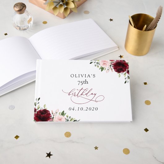 Burgunderblumen, rosa Blumen, Boho, Geburtstag Gästebuch (Vorderseite Offen)