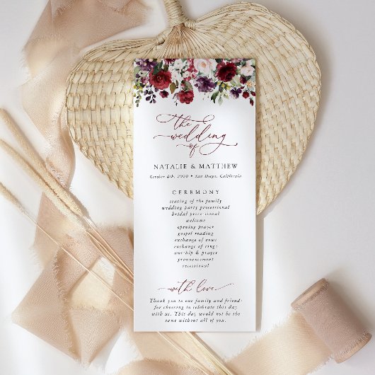 Burgunderblumen, rosa Blumen, Hochzeitsprogramm Programm