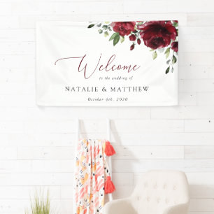 Burgunderblumen, rote Blumen, Hochzeitsbegrüßung Banner