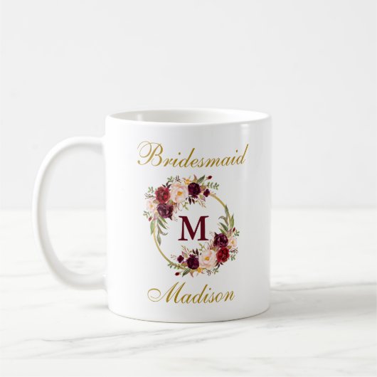 Burgunderblumengoldbrautjungfern-Monogramm Kaffeetasse (Links)