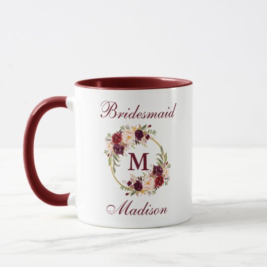 Burgunderblumengoldkreis-Brautjungfern-Monogramm Tasse (Links)