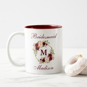 Burgunderblumengoldkreis-Monogramm-Brautjungfer Zweifarbige Tasse