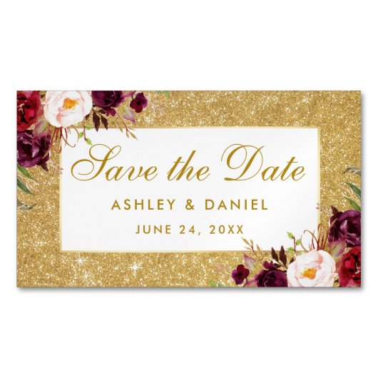 BurgunderblumenSave the Date Goldminimagnet Magnetische Visitenkarte (Vorderseite)